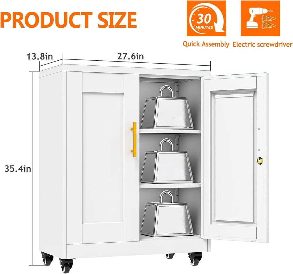 Metal Storage Cabinet with Wheels, 36" Tall Locking Storage White