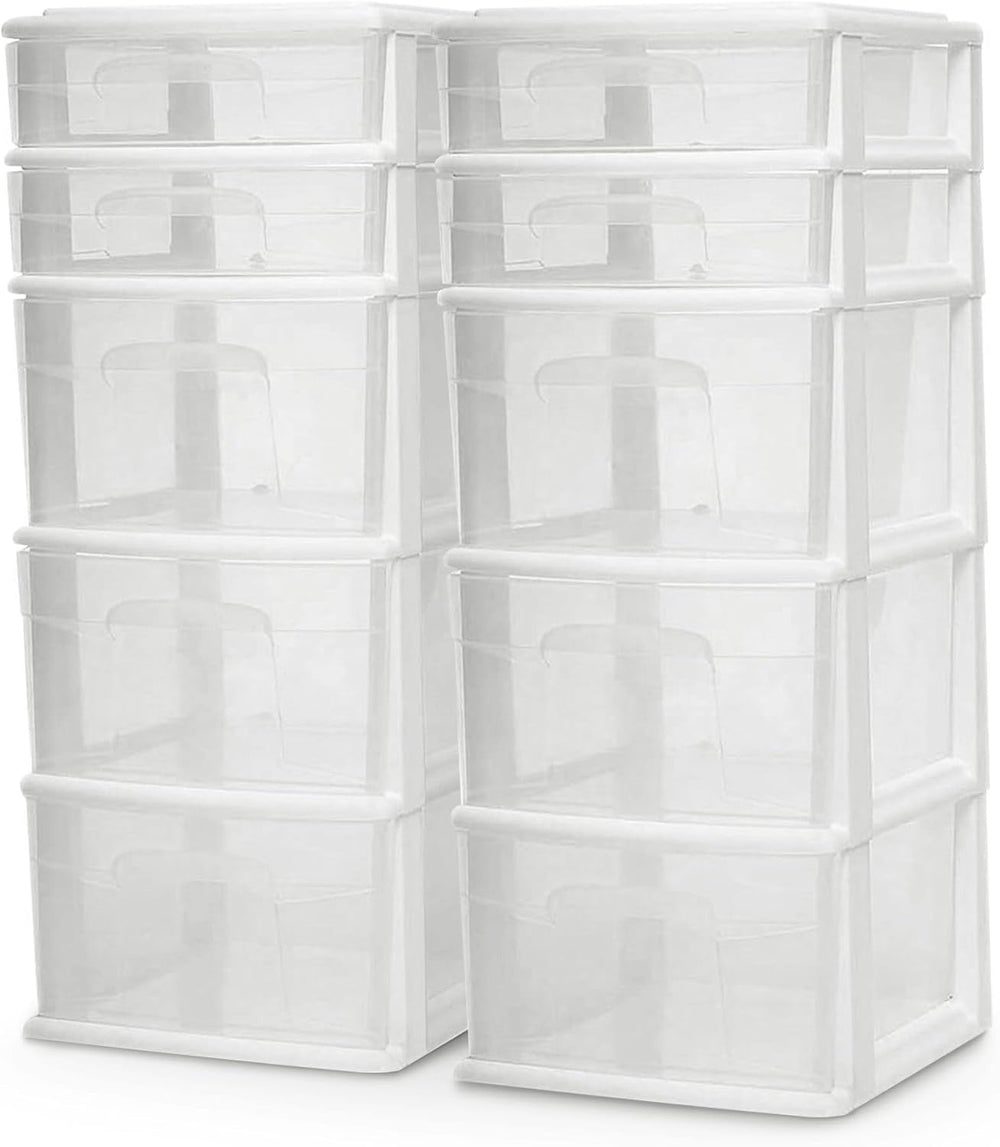 HOMZ 2-Pack Drawer Tower, 5-Tier Clear Plastic Storage Organizer Unit, White ...