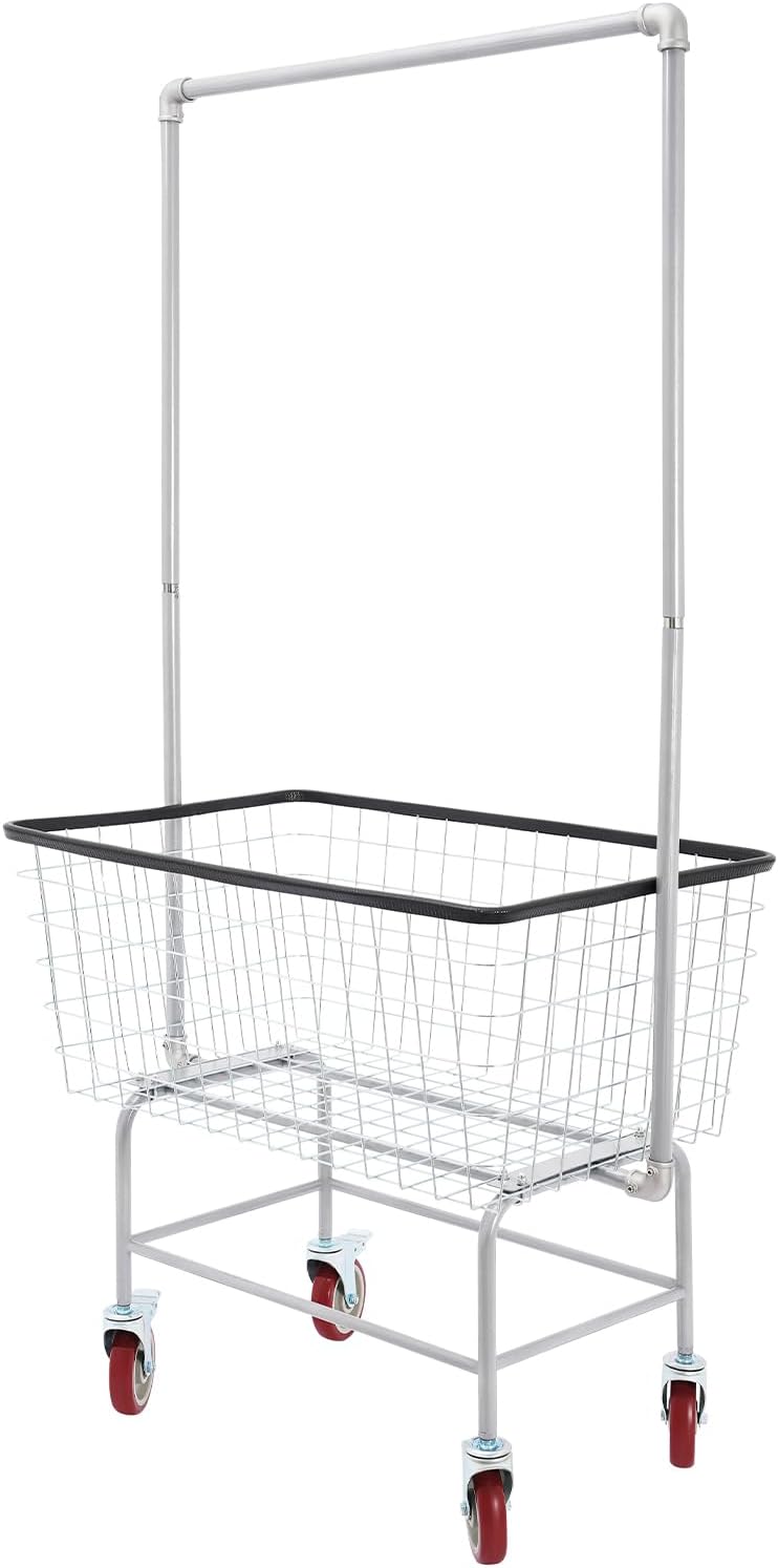 Wire Laundry Cart With Hanging Rack, 2.5 Bushel Wire Laundry Basket with Whee...