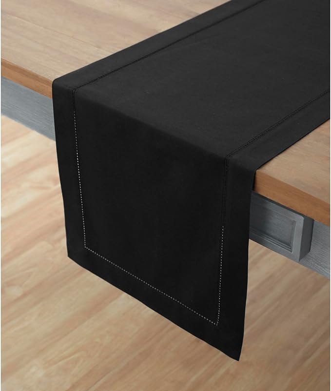 Solino Home Black Table Runner 90 Inches Long - Cotton Linen Hemstitch 14 x 9...