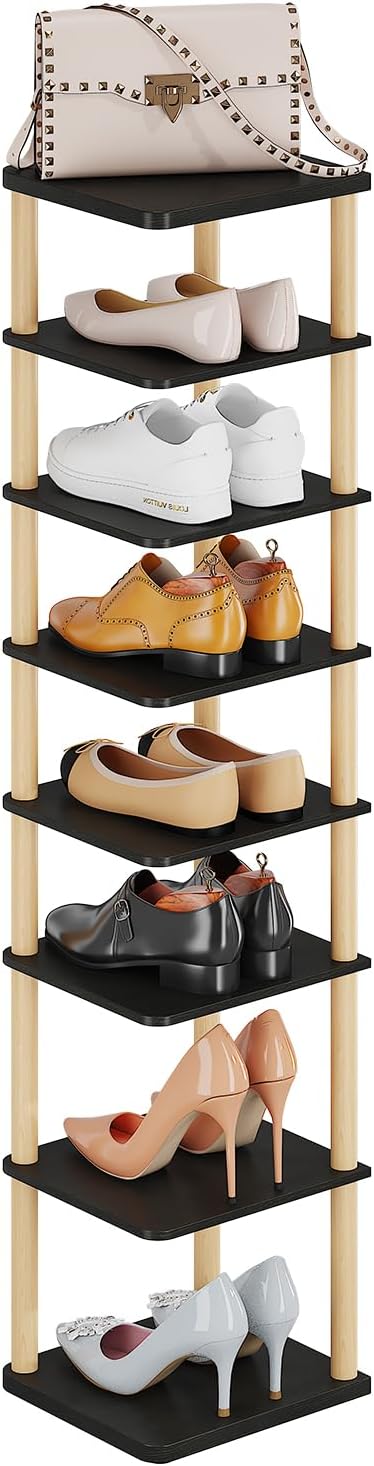 8 Tiers Vertical Shoe Rack, Tall Narrow Shoe Tower, Corner Shoe Rack, black