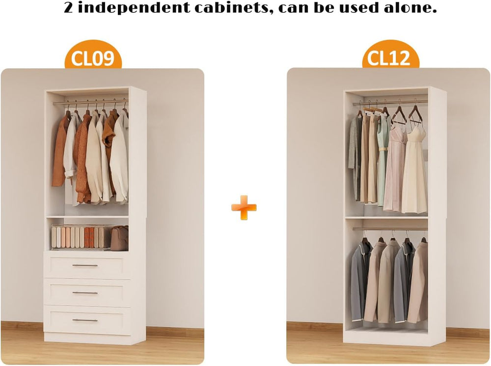 Closet System with 3 Drawers, 4FT-10FT Closet Organizer Systems with 5 Hangin...