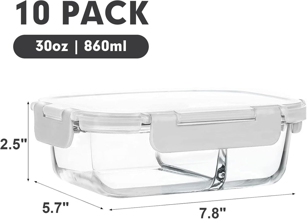 M MCIRCO 10 Pack,30 oz, 2 Compartments Glass Meal Prep Containers with Lids