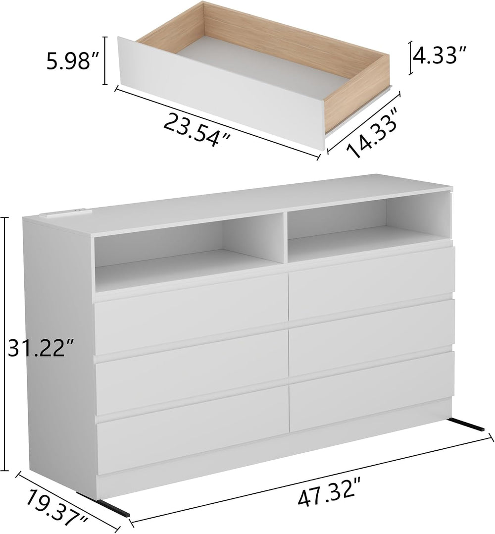 Gyfimoie White 6-Drawer Dresser for Bedroom w/Power Outlet and LED Light