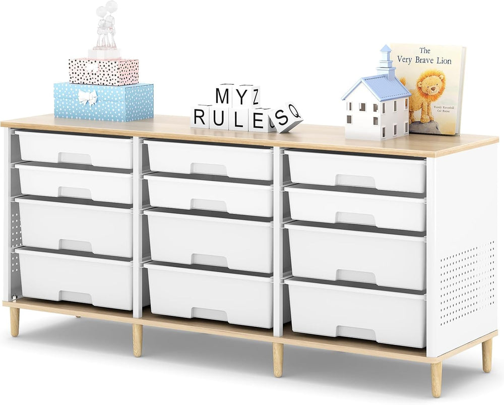 TOOLF 12 Drawers Storage Cabinet with Wooden Top and Plastic Bins, White
