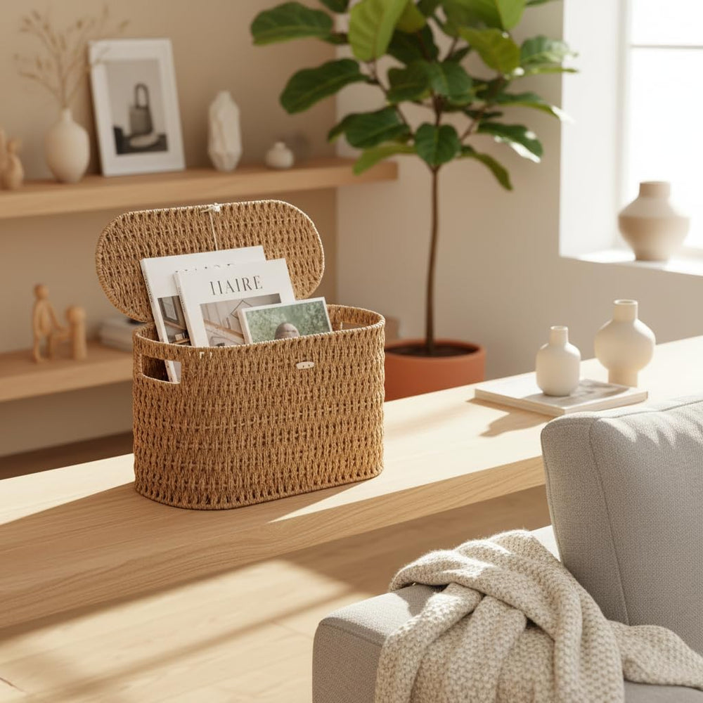Toilet Paper Storage Basket with Lid, Paper Rope Wicker Basket for Bathroom O...