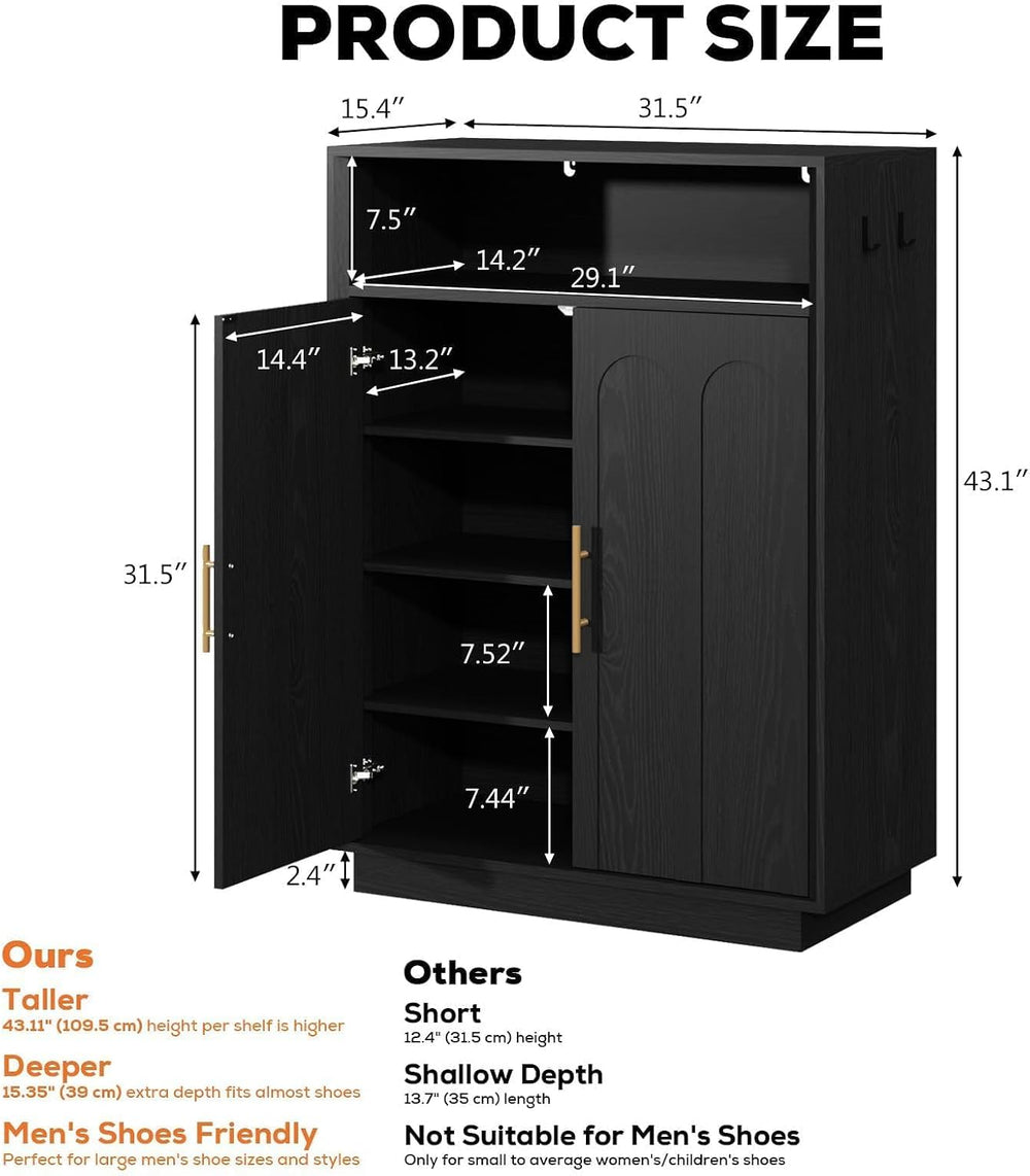 Set of 2 Shoe Cabinet with Arched Doors, 43" Hidden Storage, Black