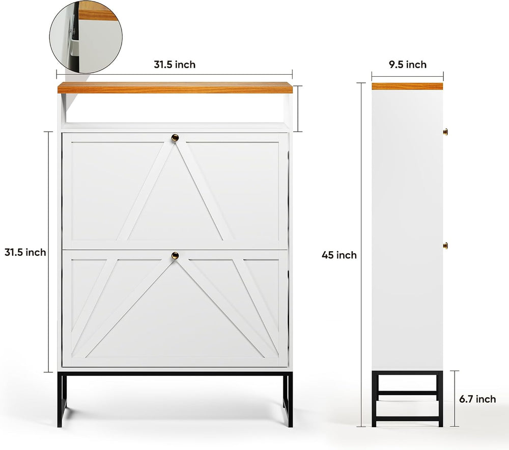 Shoe Storage Cabinet with 2 Flip-Up Doors, Freestanding Hidden Shoe Storage O...