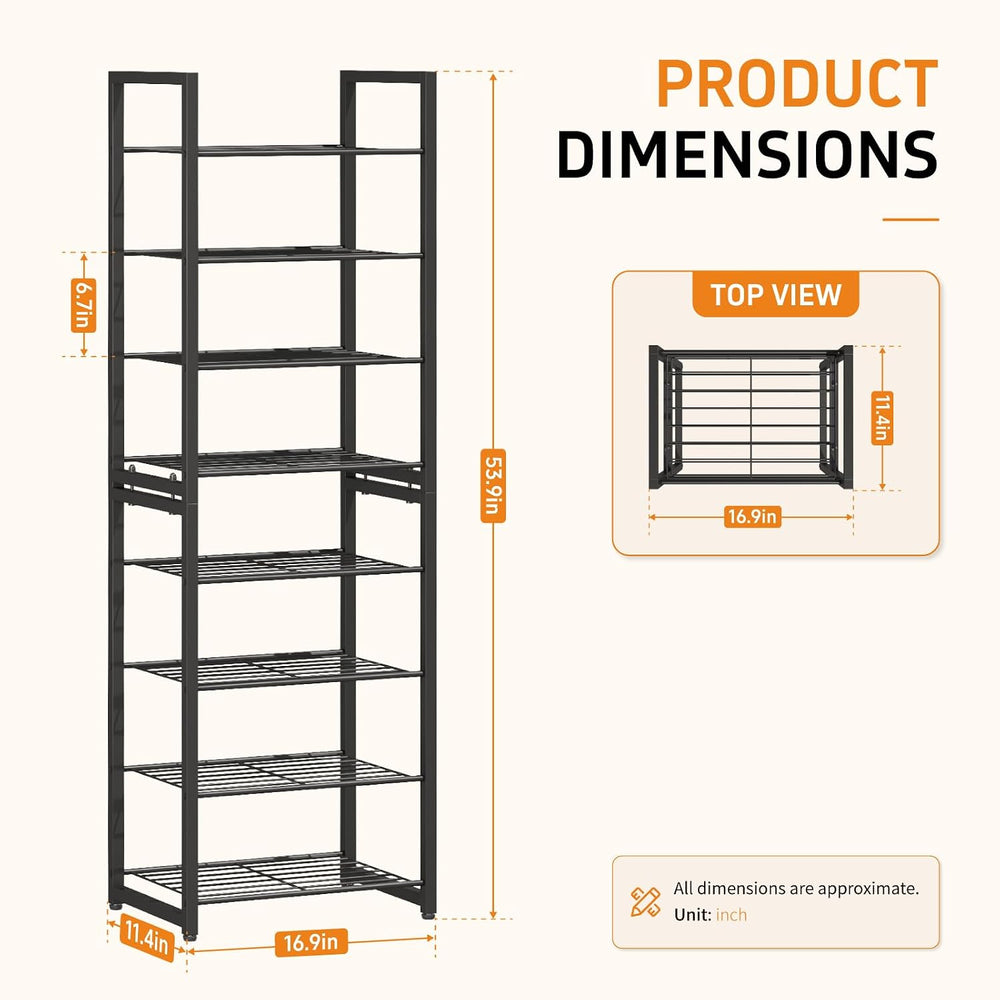 Stackable Shoe Rack, 8-Tier Metal Organizer Holds up to 16 Pairs, Tall Narrow...
