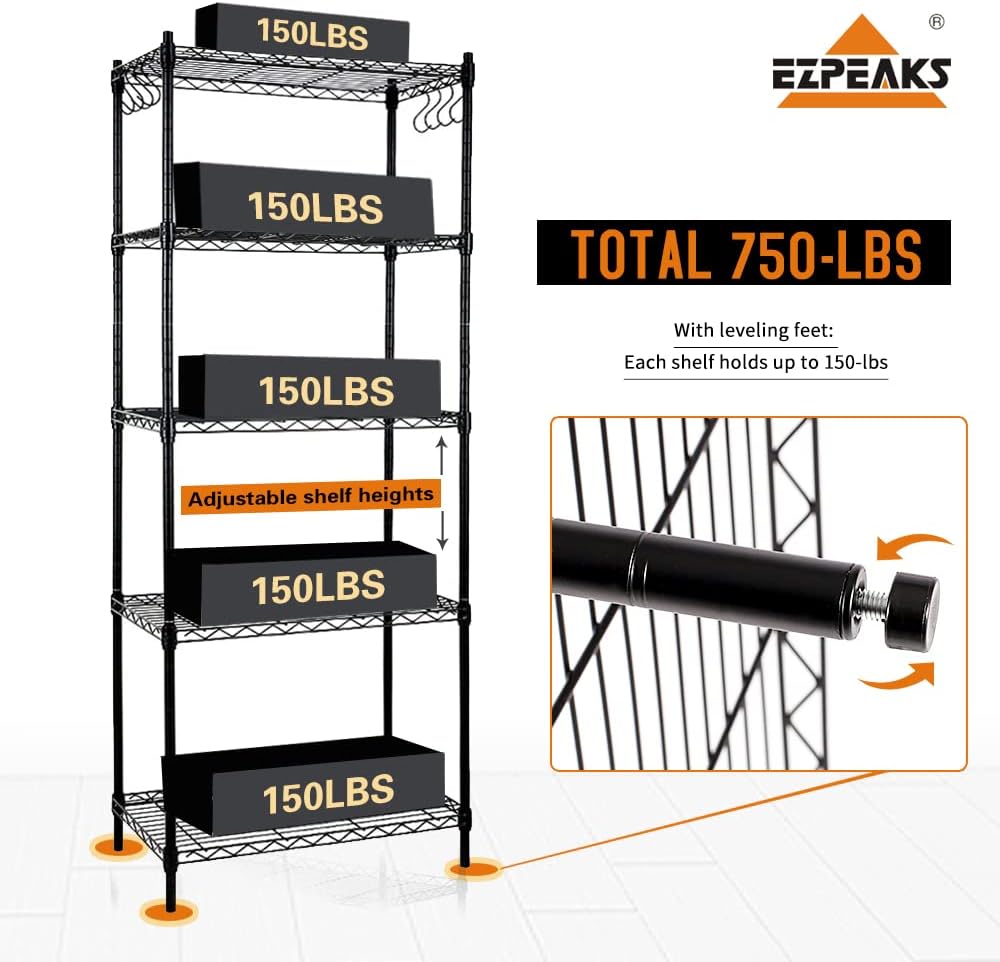 EZPEAKS 5-Shelf Shelving Unit with Shelf Liners Set of 5, NSF Certified, Adju...