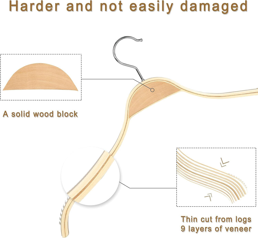 TOPIA HANGER Slim Natural Wood Hangers with Extra Soft Non-Slip Rubber Grips,...