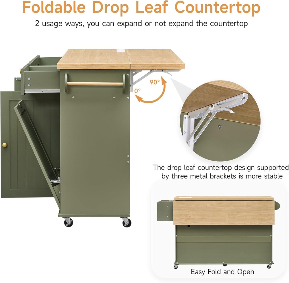 60" Kitchen Island with Drop Leaf & Trash Can Storage, Green+Brown