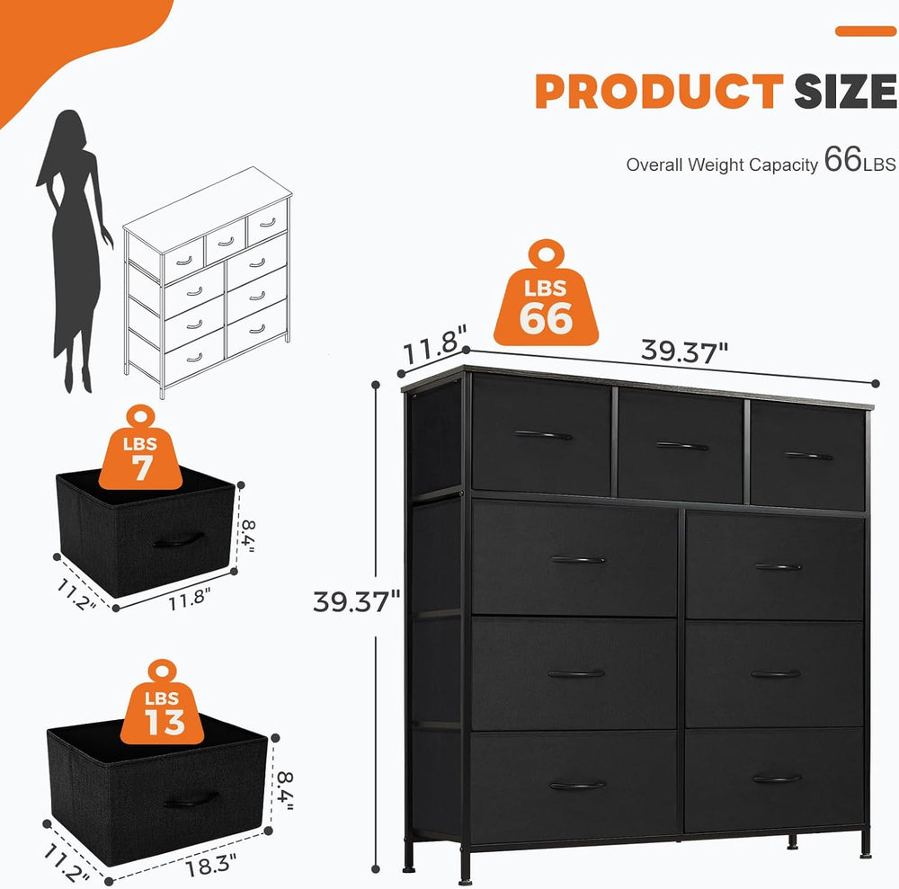 Sweetcrispy 9-Drawer Fabric Dresser Storage Tower with Wood Top, Black