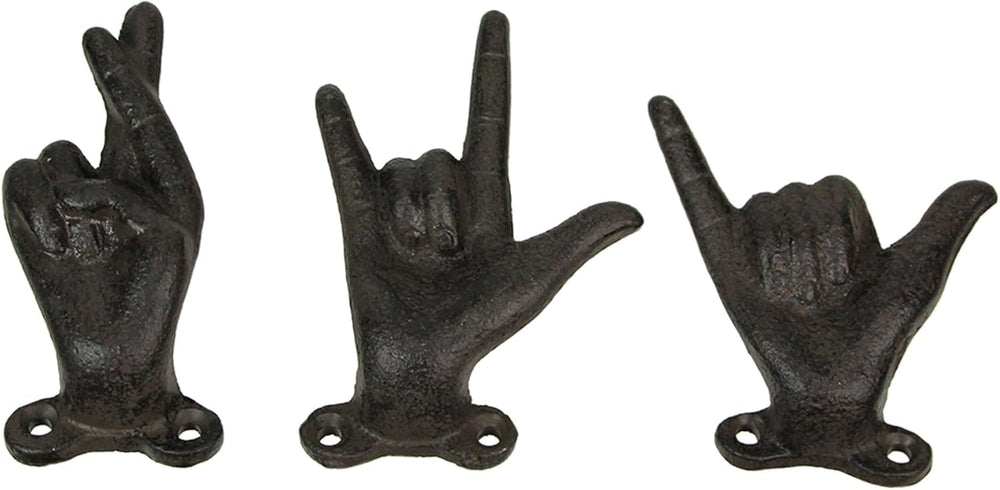 Zeckos Set of 3 Hand Gesture Wall Hooks, Brown Distressed Cast Iron, 4 Inch