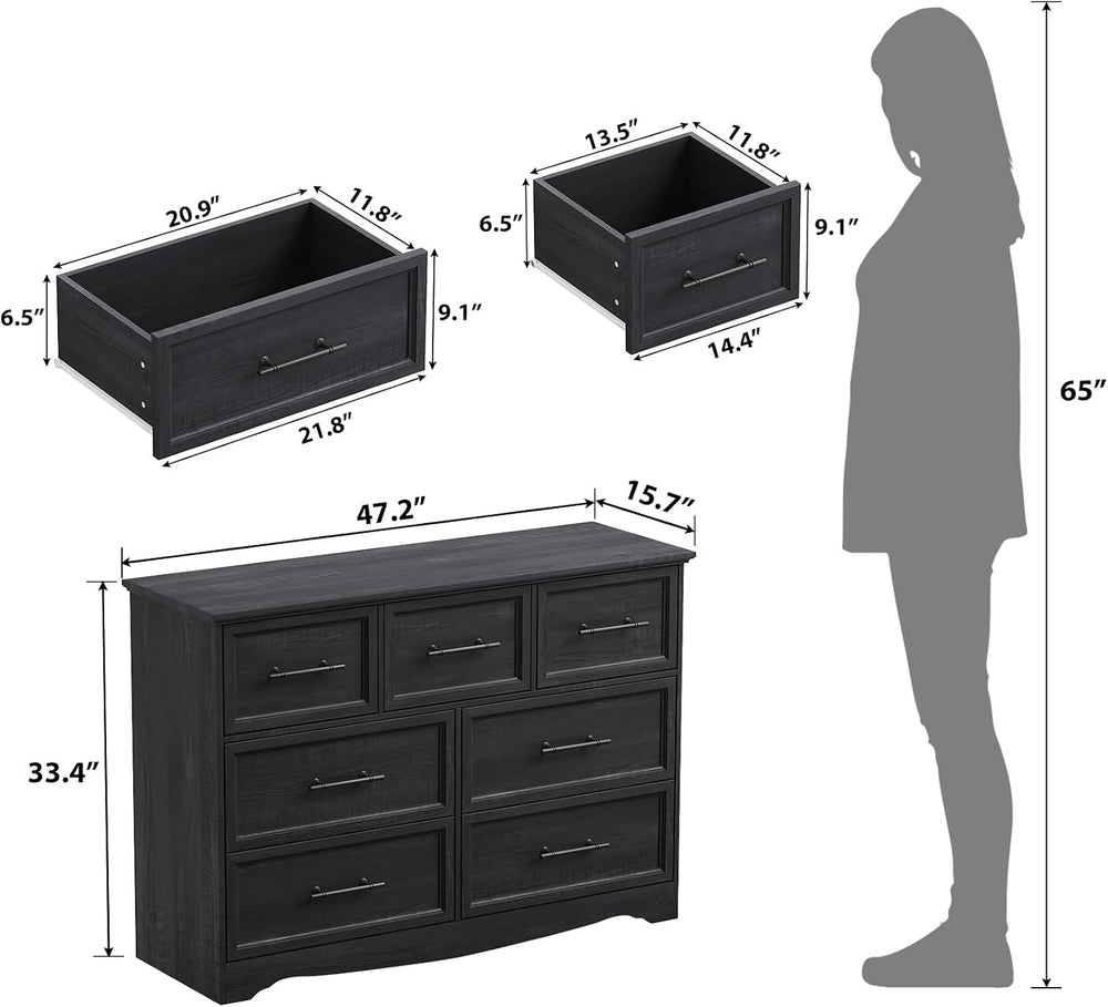 YANSNWO Black 7 Drawer Dresser for Bedroom, 47" Wide Chest of Drawers