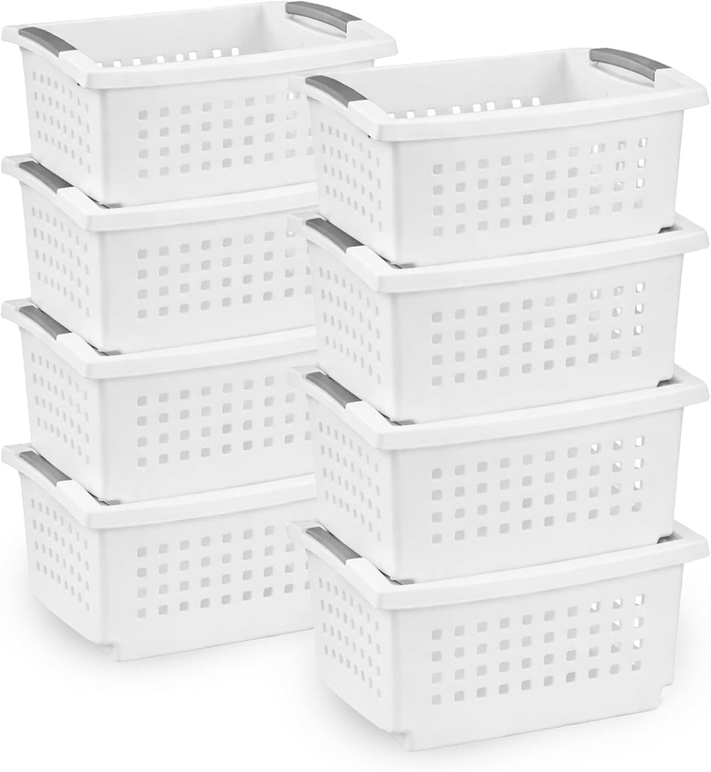 Sterilite 8 Pack Medium Stacking Basket, Open Top Storage Bin with Handles, W...