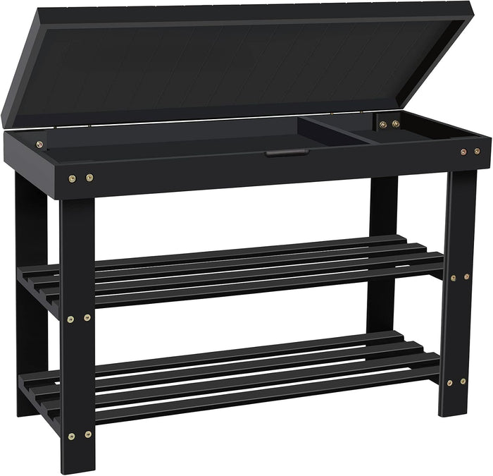 3-Tier Bamboo Shoe Rack Bench, Entryway Bench with Storage Drawer, Black