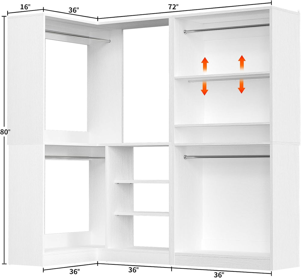 Unikito Corner Closet System, 72" L-Shaped Closet Organizer with 4 Hangi...