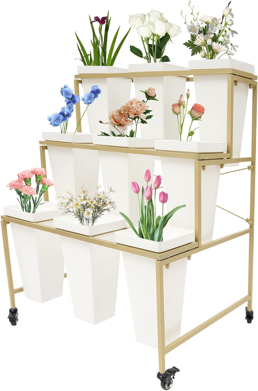 3 Tier Flower Display Stand with 9 Buckets, 33.46″ H Rolling Flower Cart with...