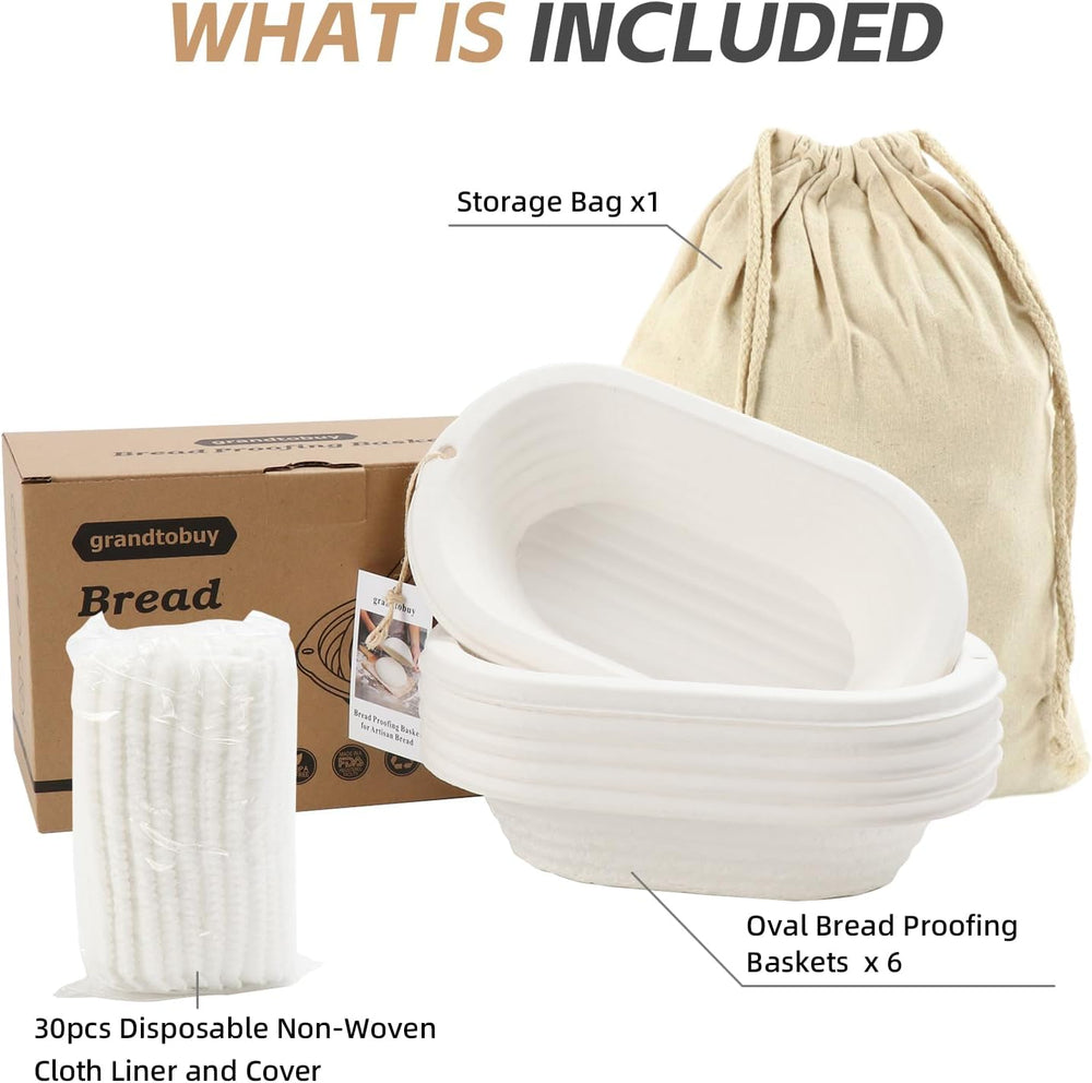 11" Oval Pulp Bread Proofing Basket 6-Pack with 30 Liners