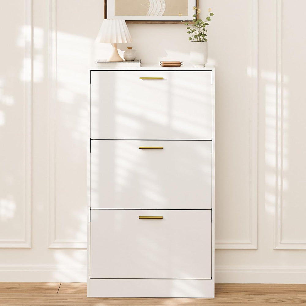LYNSOM Modern Entryway Shoe Cabinet with 3 Flip Drawers and Top Display, Whit...