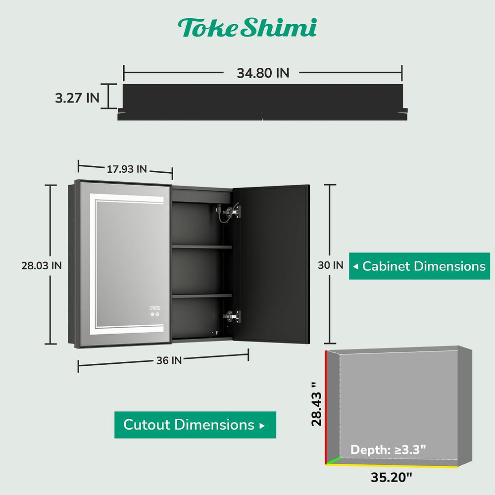 36x30 Inch LED Medicine Cabinet Black Frame, Medicine Cabinet with Lights, 3-...