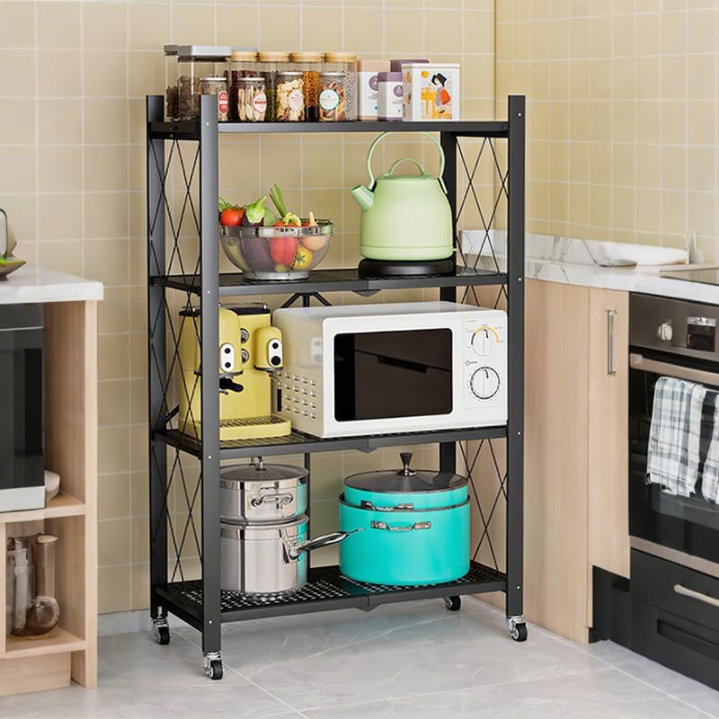 Four-Layer Foldable Storage Metal Shelf with Locking Wheels,Easy Assembly and...