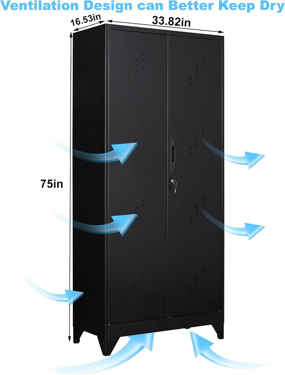 75" Metal Storage Cabinet with Lockable Doors,Utility Closet,Black