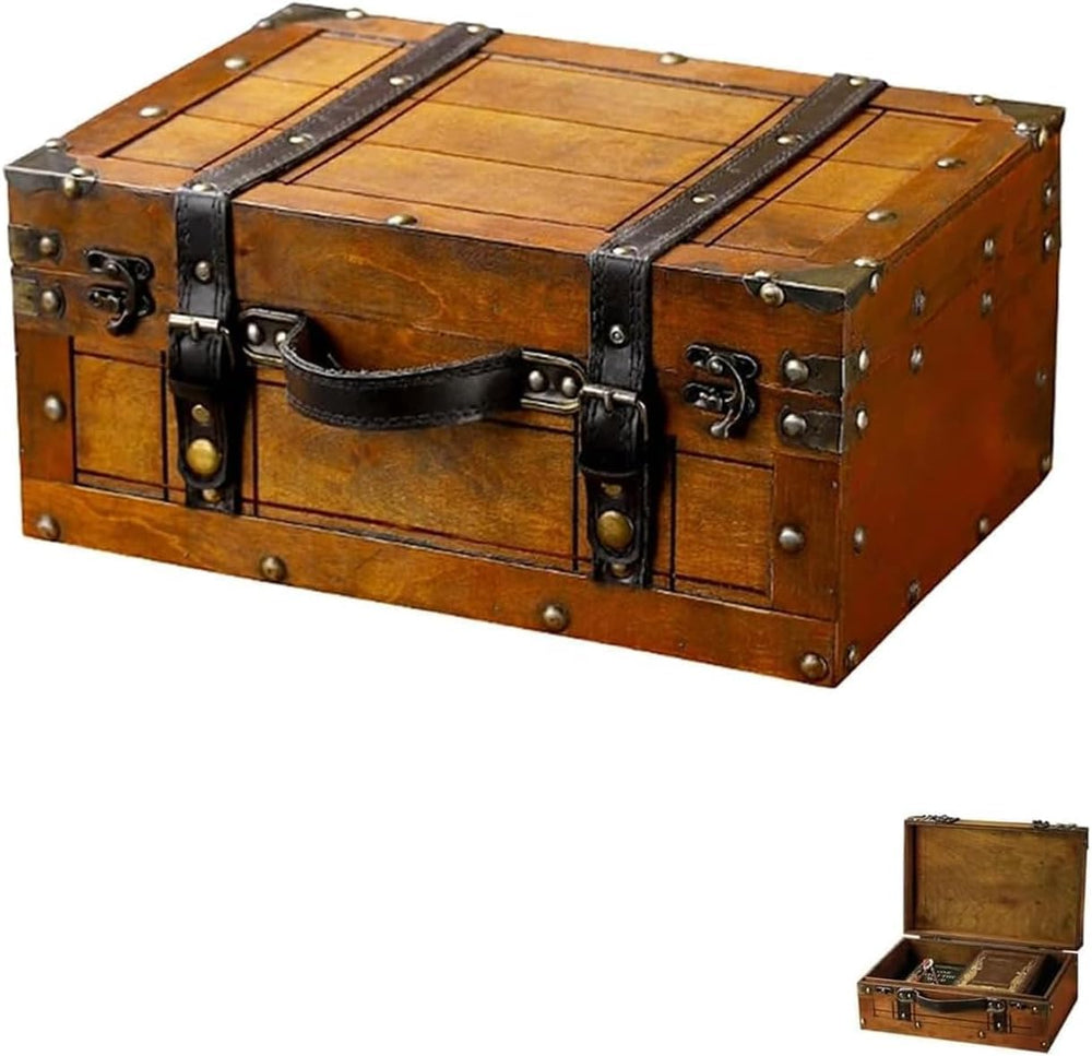 Wooden Storage Box Distressed Treasure Chest Box with Finger Lift Latches Sta...