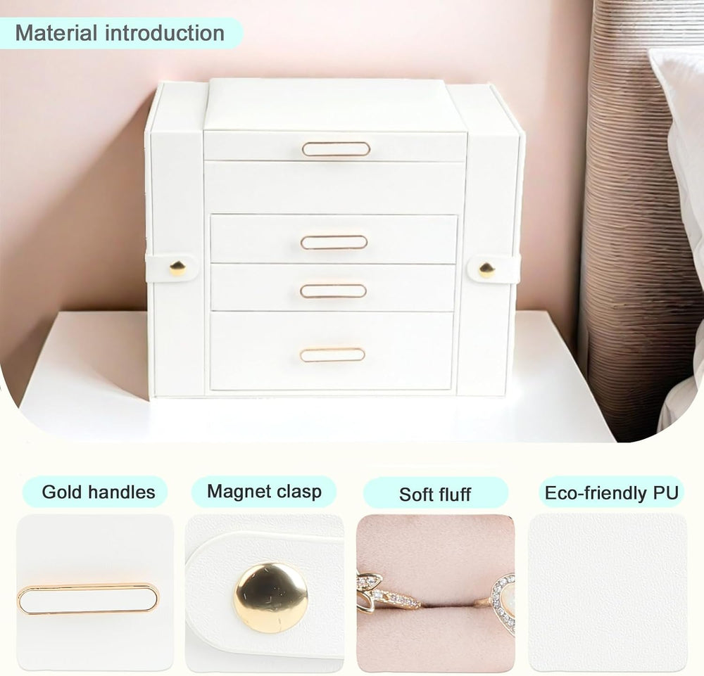 ASINGYER White 4 Layer 3 Drawer Jewelry Organizer with Double Hanging Side Ca...