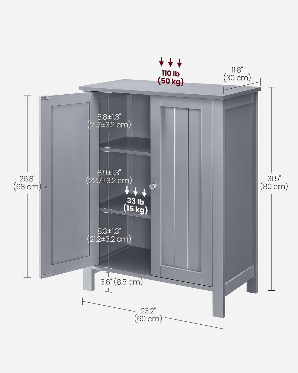 VASAGLE Bathroom Floor Storage Cabinet,2 Adjustable Shelves,Dove Gray