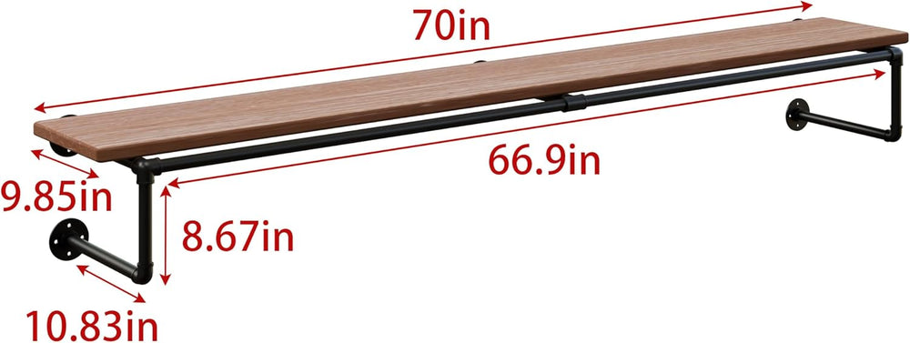 Clothes Rack 70in, Wall Mounted Garment Racks with Real Brown Wood Shelf, Hea...