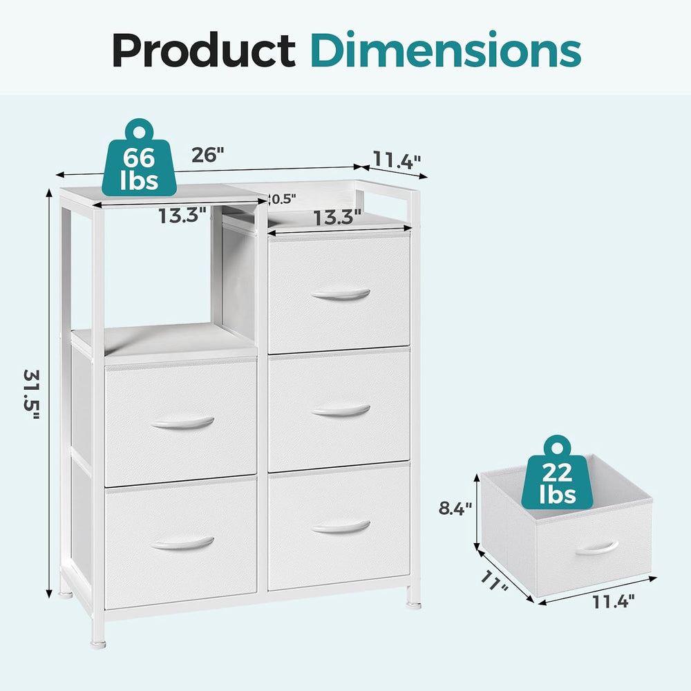 OLIXIS Fabric Dresser, 5 Drawer White Storage Tower with Open Shelf