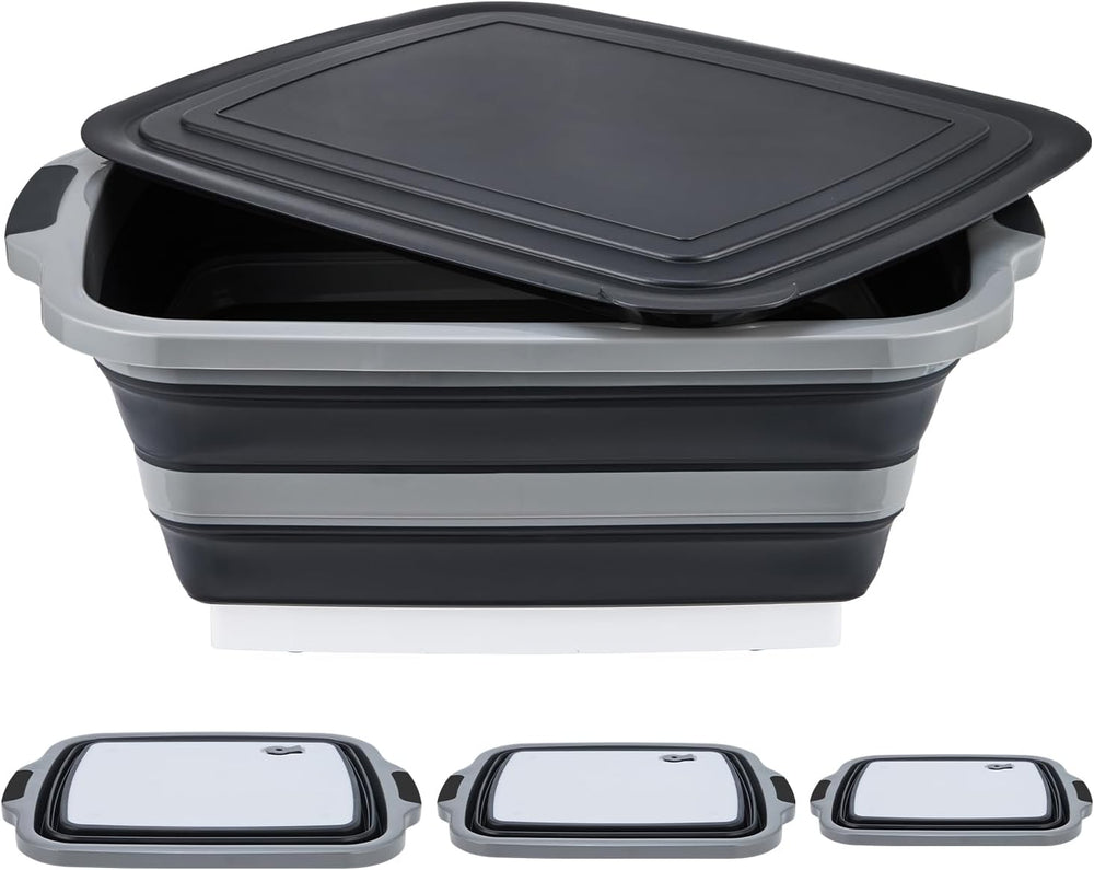TANOSHII 3-Piece Collapsible BBQ Prep Tubs with Lids and Built-in Cutting Boa...