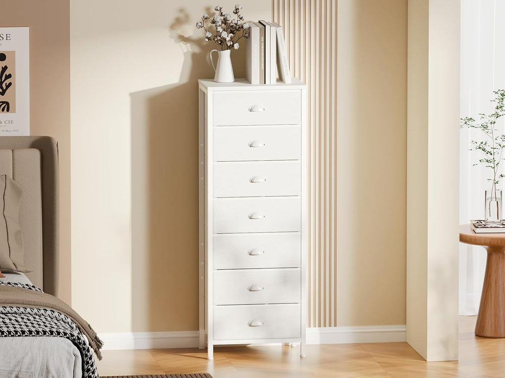 Furnulem White Tall Dresser for Bedroom, Chest of Drawer with Fabric Drawer