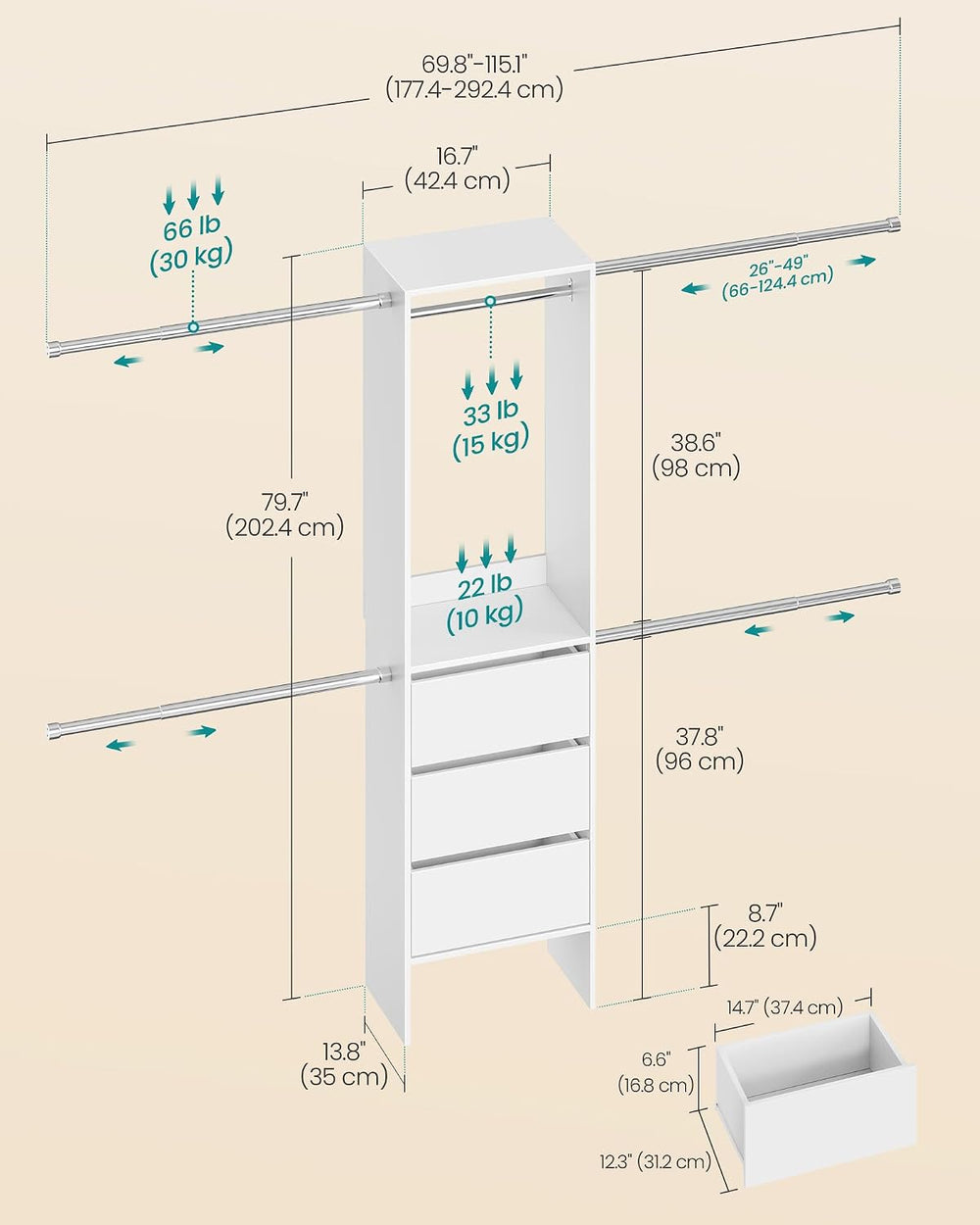 SONGMICS Closet System, Customizable Walk-In Closet Organizer System