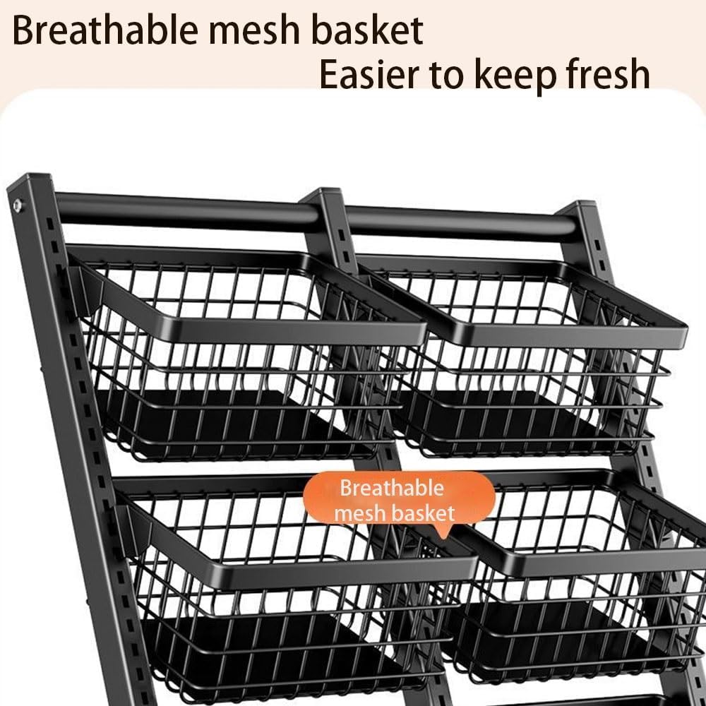 4-Tier Fruit Vegetable Rack, Kitchen Organizer with Wheels(Black)