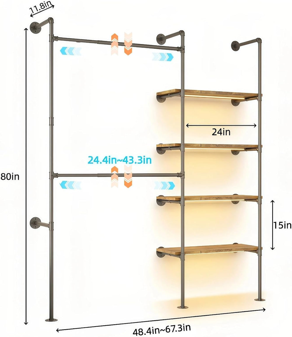 Expandable Industrial Pipe Clothing Rack with LED Lights
