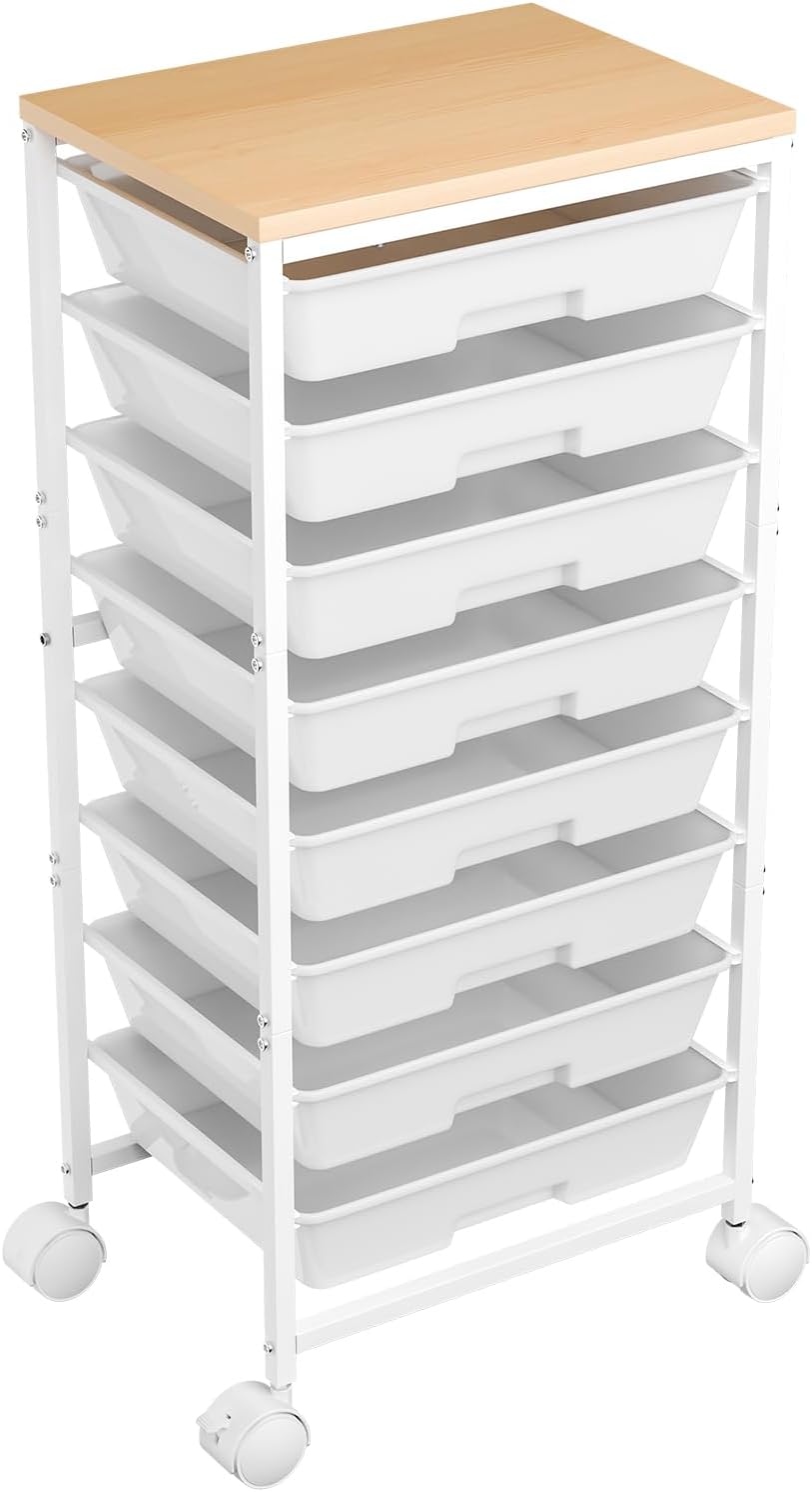 Ekisemio Rolling Cart with 8 Drawers, Storage Drawers Cart with Wooden Tablet...