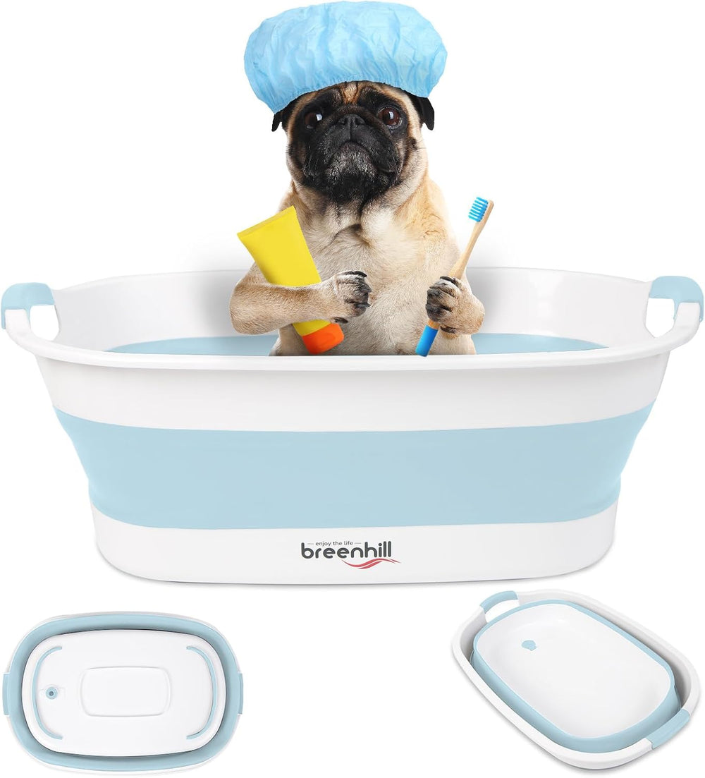 Collapsible Dog Bath Tub, Portable Puppy Bathtub with Drain Plug, Blue