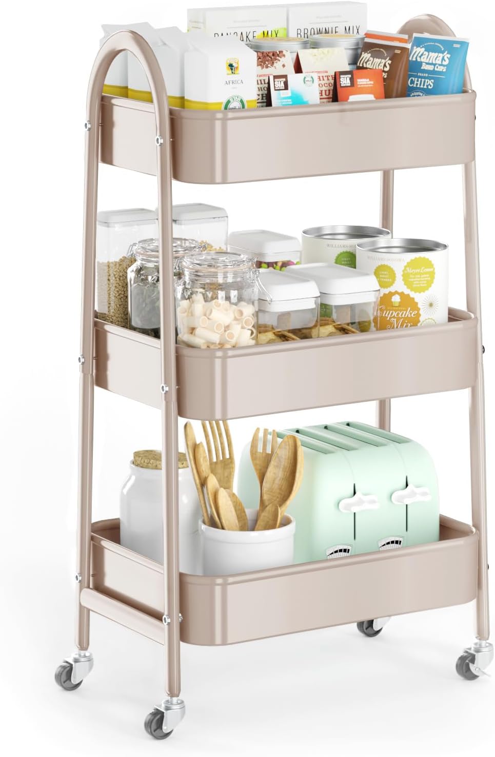 3 Tier Utility Rolling Cart, Metal Storage Cart with Handle and Lockable Whee...