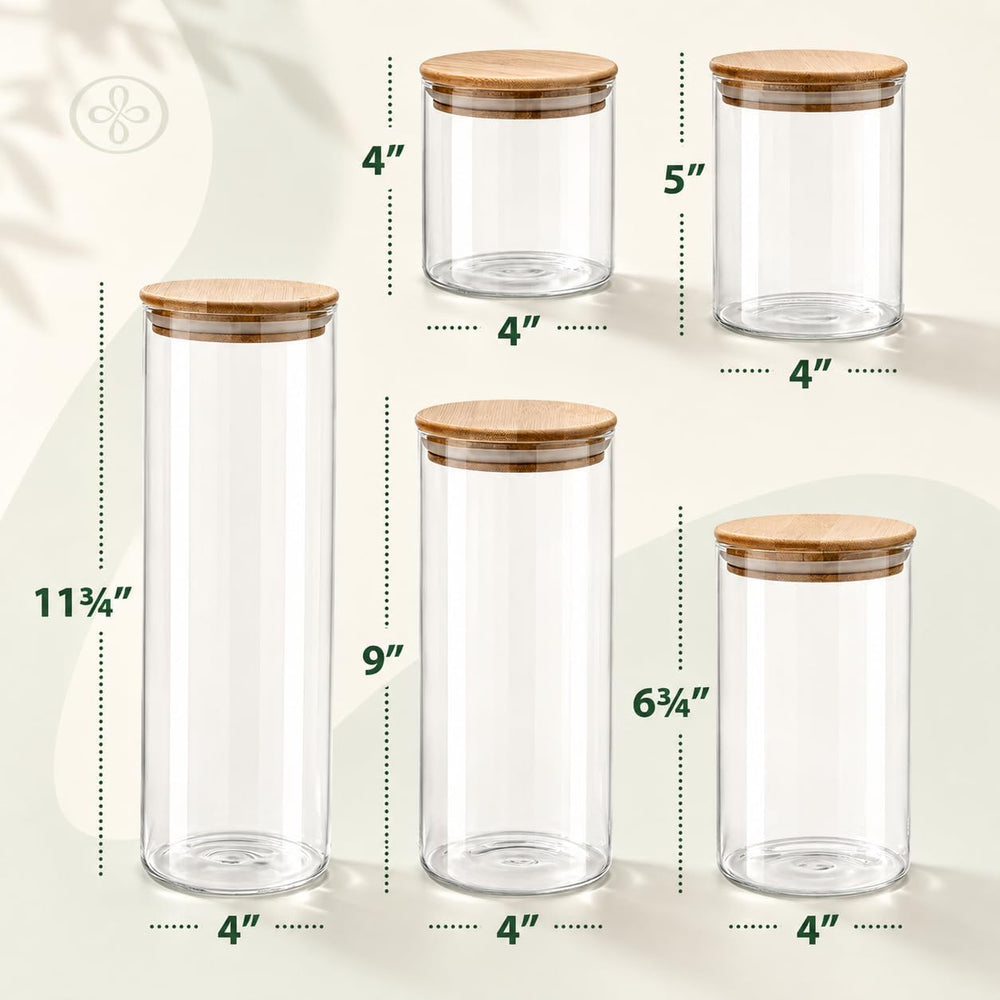 Set of 5 Glass Kitchen Canisters with Airtight Bamboo Lid - Glass Storage Jar...