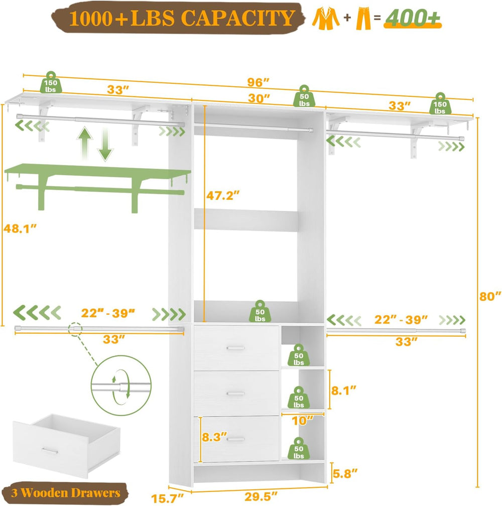 Aheaplus Closet System, Closet Organizer with 3 Wooden Drawers, 8FT Closet Or...