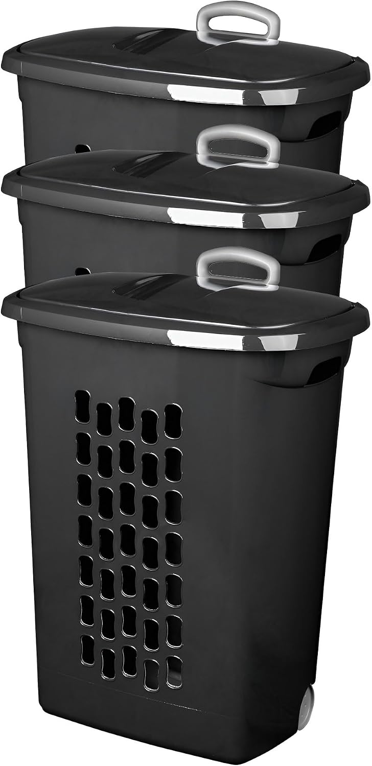 Sterilite 3-Pack Ultra Laundry Hamper with Lid and Wheels, Plastic Clothes Ba...