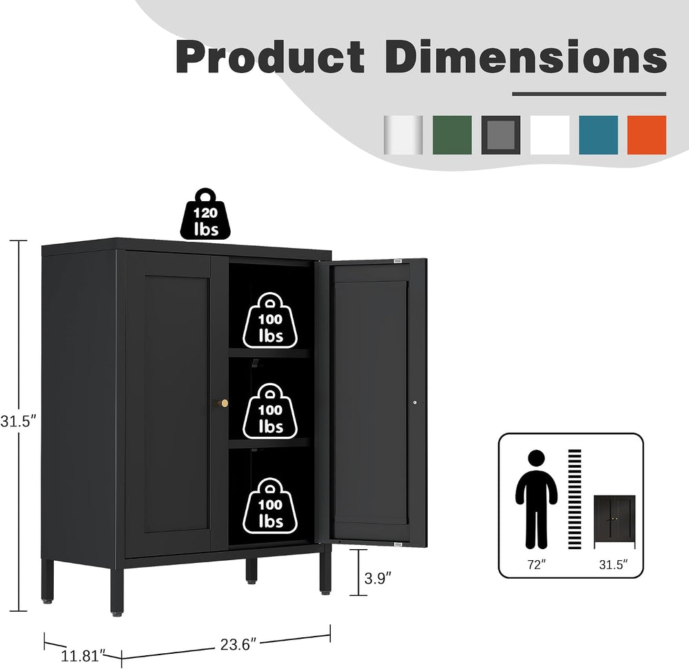 Bevivog Small Bathroom Storage Cabinet, Black Metal Locker Cabinet with 2 Doo...