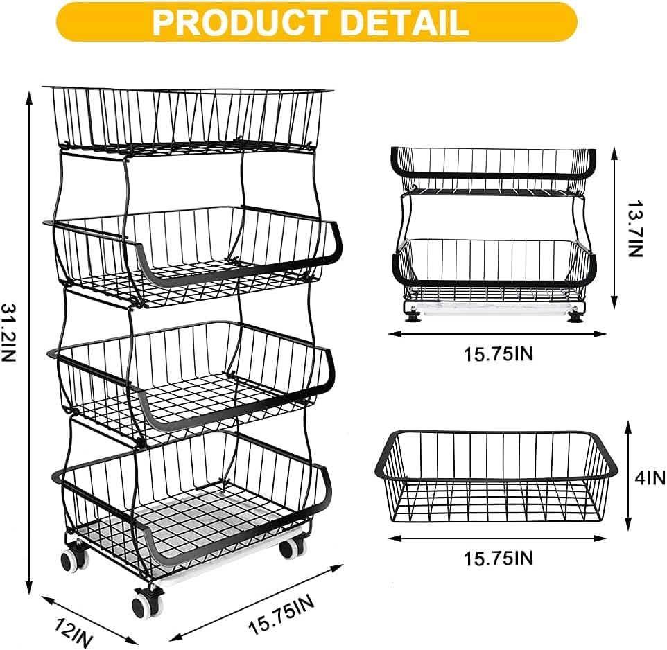 Fruit Vegetable Storage Basket, 4 Tier Stackable Metal Wire Storage Baskets w...