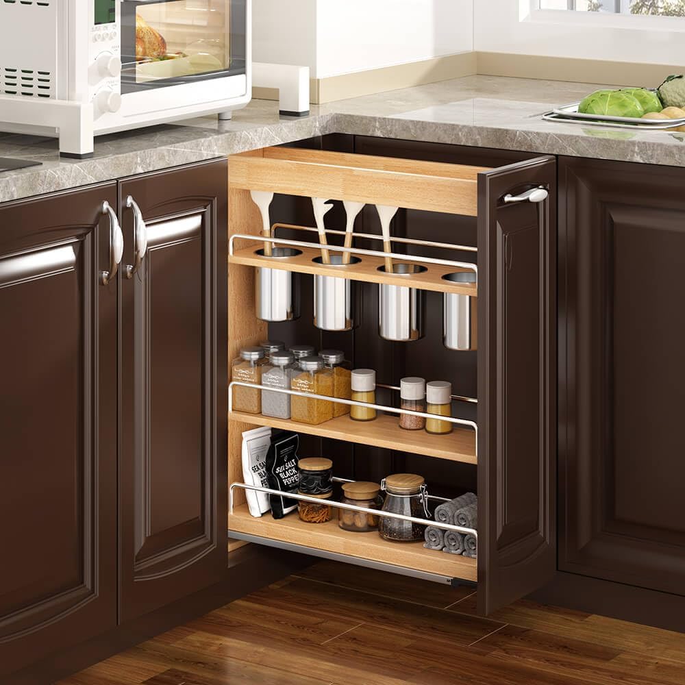 OCG 5" Pull-Out Solid Wood Storage Organizer for Base Cabinets, Soft Clo...