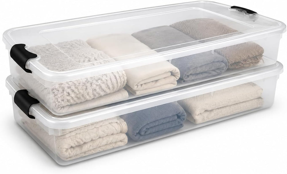HOMZ Under Bed Clear Plastic Storage Bin w/Lid, 60 Qt, Gray Latch, 2 Pack