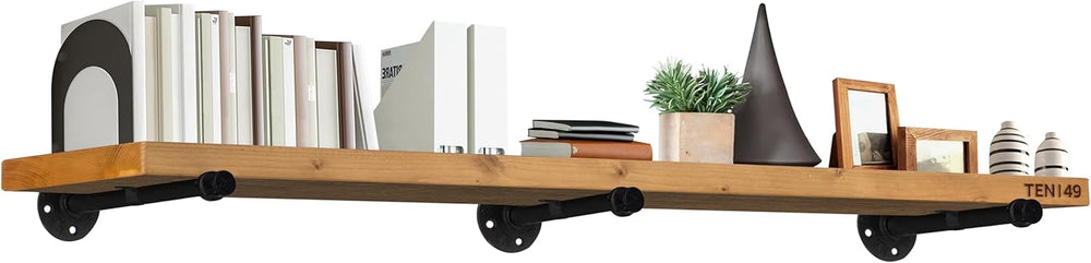 TEN49 Industrial Pipe Wood Wall Shelf - 60" Real Wooden Shelf w/ Special...