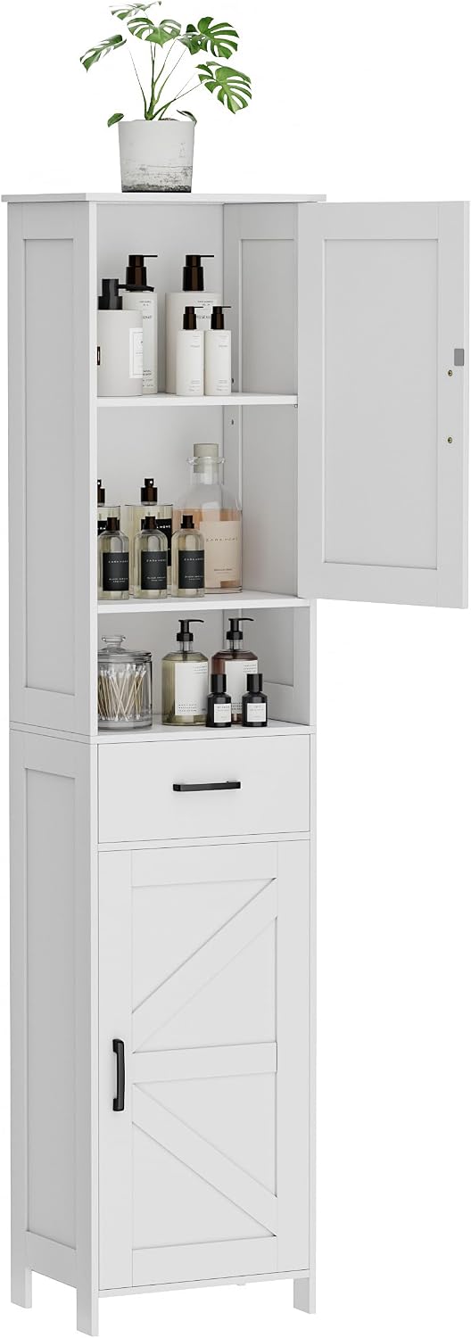 Homhedy 67" H Tall Bathroom Storage Cabinet with Barn Doors and Drawer